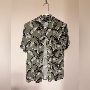express xs green black white tropical button up shirt